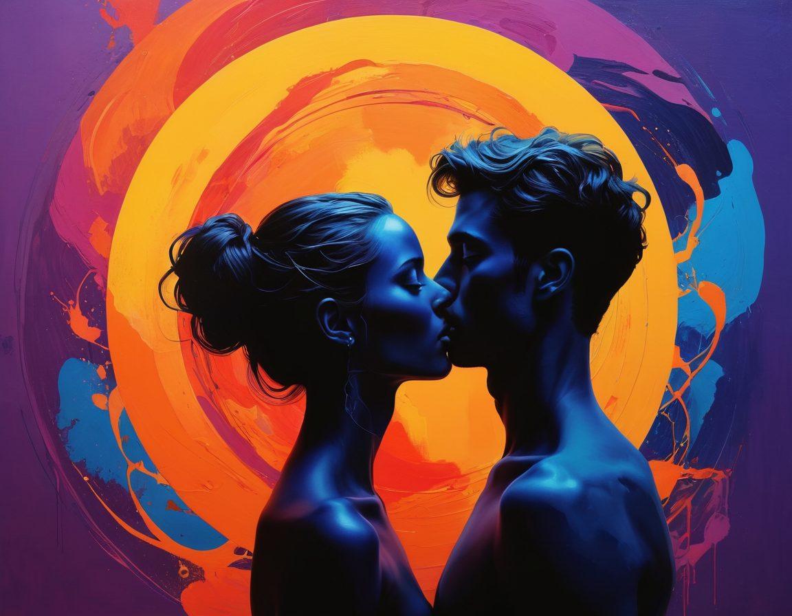 A surrealistic representation of two intertwined silhouettes, one symbolizing desire with vibrant, fiery colors and the other embodying boundaries with cooler tones. Surround them with abstract symbols of various fetishes, subtly blending into the background. The atmosphere should convey a sense of intrigue and exploration, drawing the viewer into a deep and complex world. Use a dynamic color palette and modern design elements to enhance the overall impact. super-realistic. vibrant colors. abstract elements.