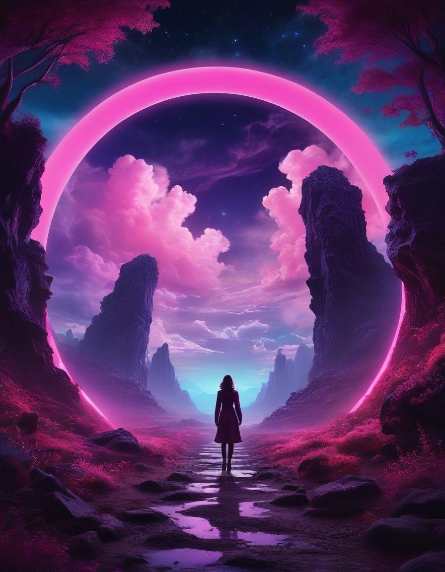 A captivating scene depicting a whimsical, surreal landscape where neon lights collide with shadowy figures, representing the duality of desire. Subtle hints of fantasy elements like ethereal clouds and magical creatures blend into the background, creating an aura of intrigue. A path leads toward a mysterious portal, inviting viewers to explore the unknown depths of x-rated fantasies and desires. The color palette features vibrant purples, pinks, and blues, enhancing the seductiveness of the theme. super-realistic. vibrant colors. surrealistic.