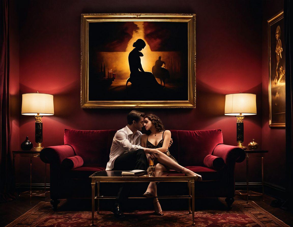 A captivating and artistic representation of allure, featuring a dimly lit room with a velvet sofa, soft candlelight creating shadows, and subtle hints of classic adult movie posters on the walls. The scene should exude intimacy and mystery, with a focal point on a silhouette of a couple silhouetted in a passionate embrace. Emphasize rich, deep colors like burgundy and gold to evoke seduction. digital painting. moody atmosphere.